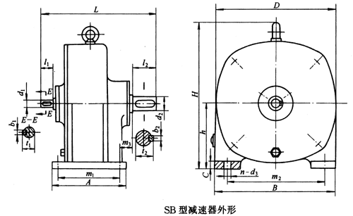 SB系列雙擺線針輪減速機外形及安裝尺寸、針齒中心圓直徑及傳動比